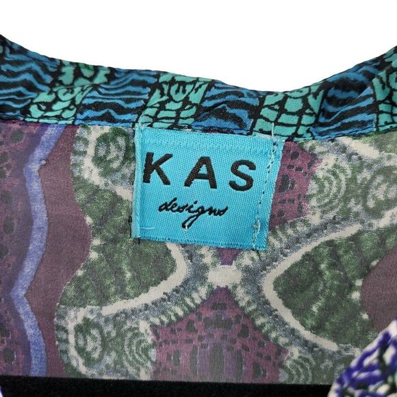 KAS Designs Sheer Long Blouse L Blue Green Medallion Leaf Print Boho Peasant - Picture 3 of 11